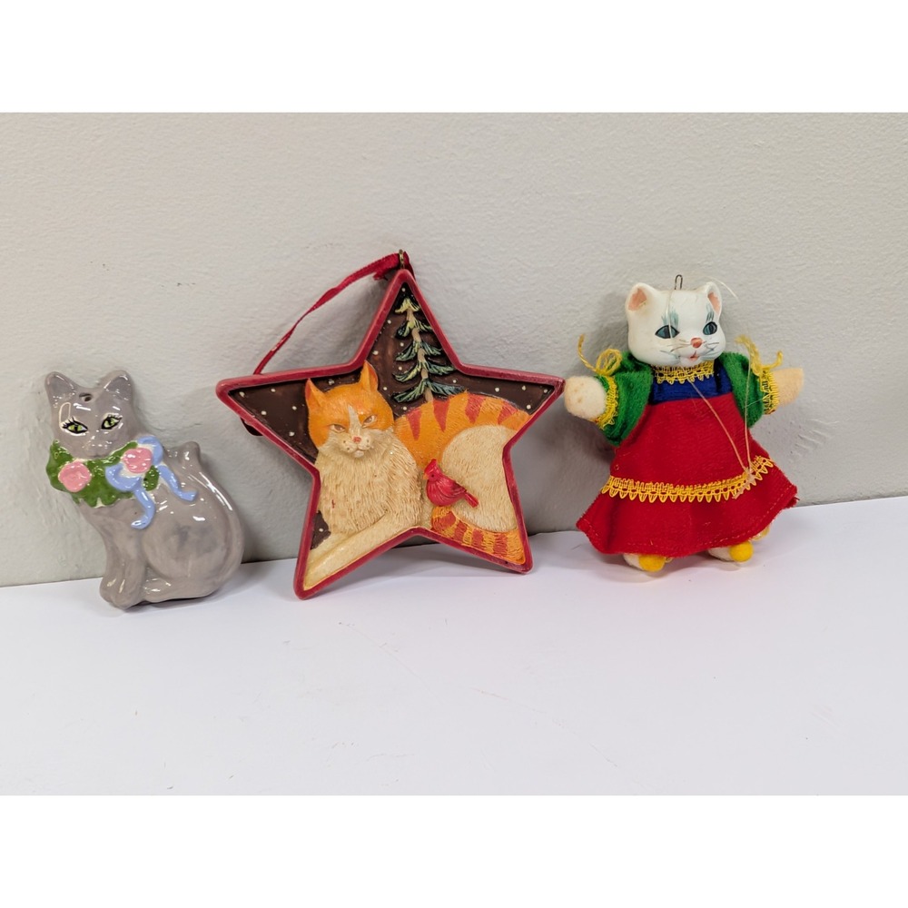 Cat Christmas Ornaments Mixed Materials Cat Lovers Vintage Lot Of 3